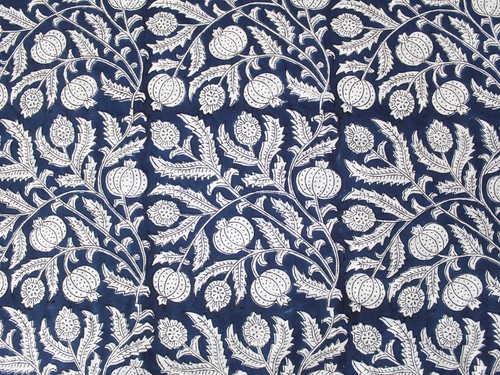 Tissu Imprimé Coton Indien Sanganeri 5 Yards - Bloc Main, Motifs Floraux Et Animaux