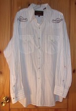Walls Ranchwear Vtg White Pearl Snap Shirt w/ Blue Brown Stitching, Mens XL