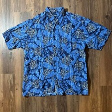 Puritan Mens Large Blue Floral Tropical Rayon Short Sleeve Button Up Shirt