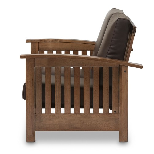 Mission Style Walnut/Brown Wood & Faux Leather Chair, or Loveseat, or Both - Picture 12 of 13