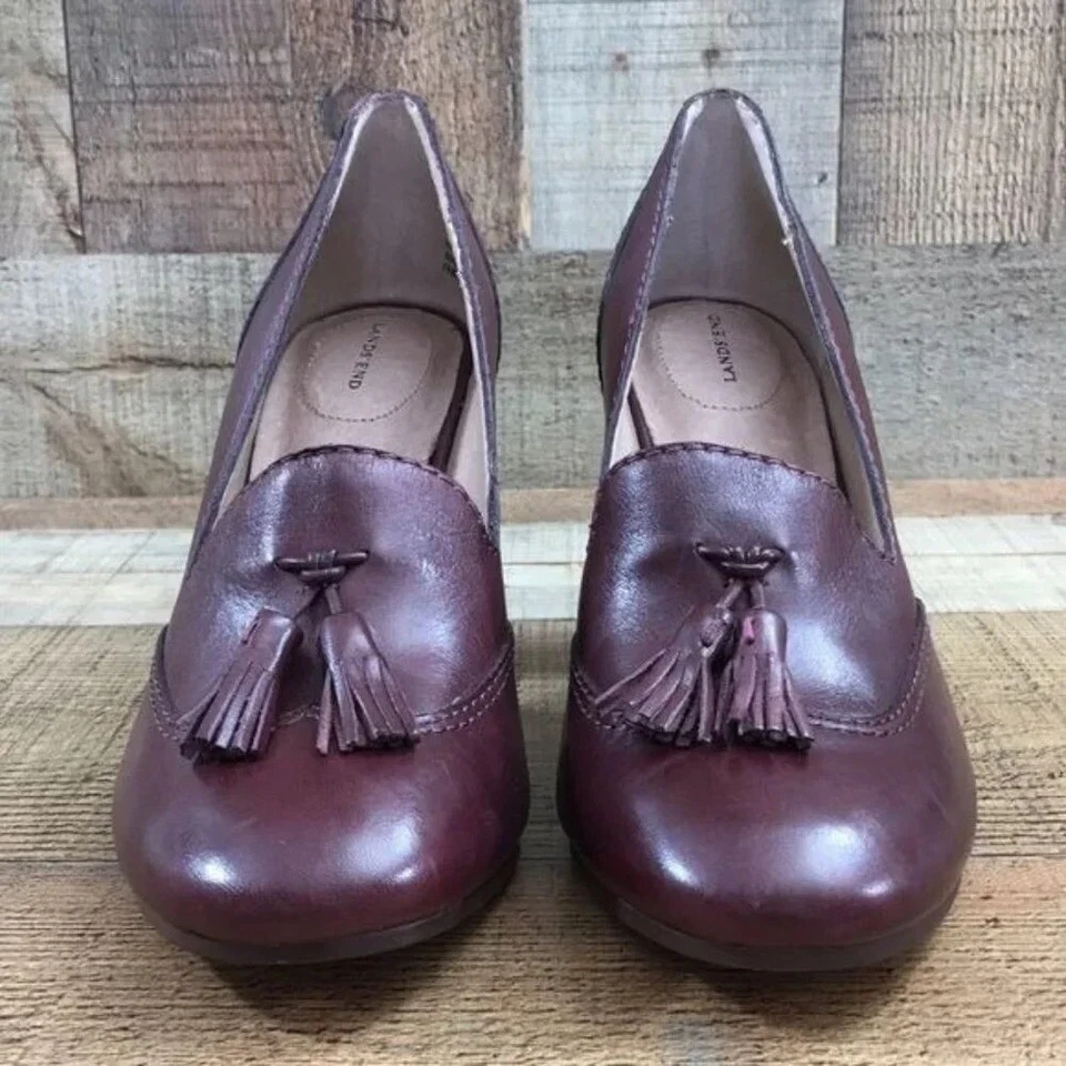 Lands End Burgundy Leather Stowe Tassel High Heel Shoes Womens 6B Slip On Kiltie - Image 2 of 4