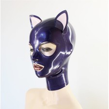 Unisex Purple Latex Hood Cat Ear Rubber Catsuit Bodysuit Hood Cosplay Mask 0.4mm