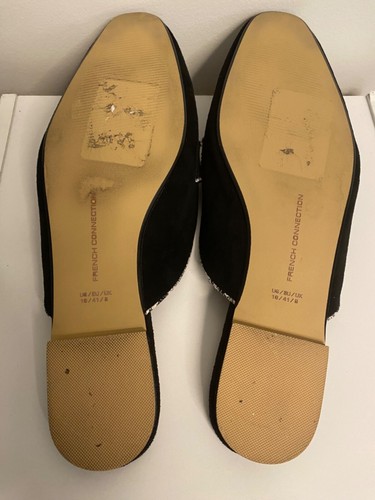 New FRENCH CONNECTION Vegan Suede Slides Women's Sz 10 DANIELLE Black White Trim - Picture 8 of 9