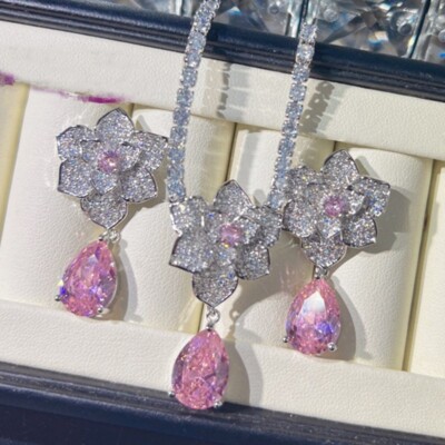 2pc Set Flower Design Pink Topaz Gemstone Xmas Women Jewelry Necklace Earring