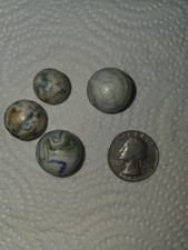 Antique Style Glazed Clay Ceramic Marbles Lot of 4 Blue Green Swirl Estate