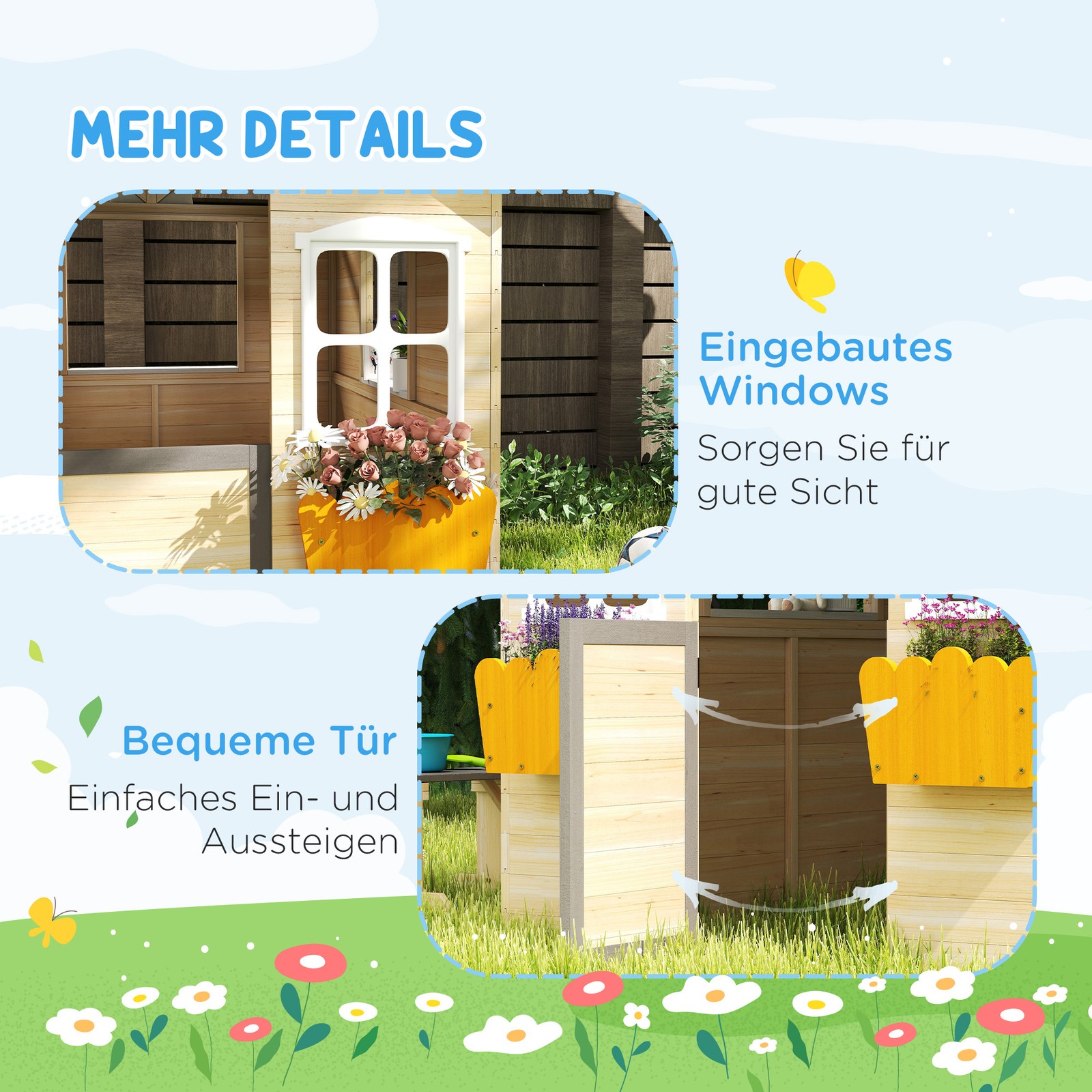 Outsunny Spielhaus für Kinder Holz Kinderspielhaus mit Briefkasten Fenster Natur