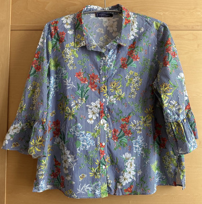 Bluse Mango Violetta blau weiß gestreift mit  Blumendruck GrL
