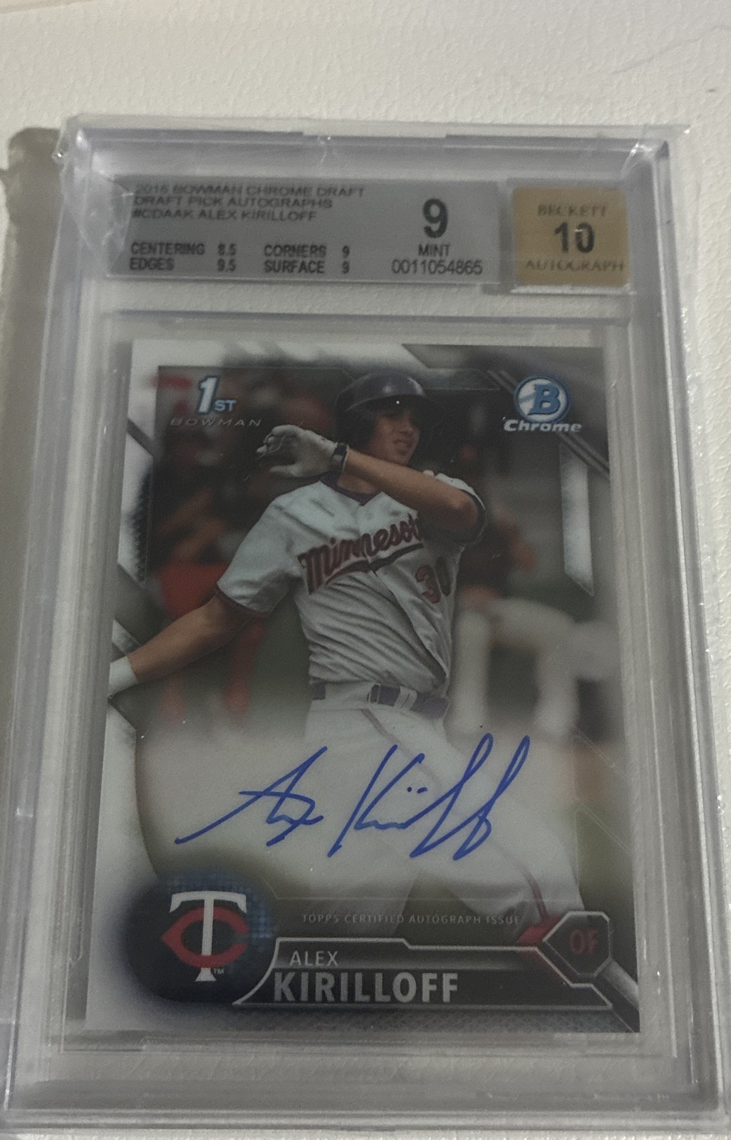 2016 Bowman Draft - Chrome Draft Pick Autographs Alex Kirilloff  (AU, RC) BGS 9