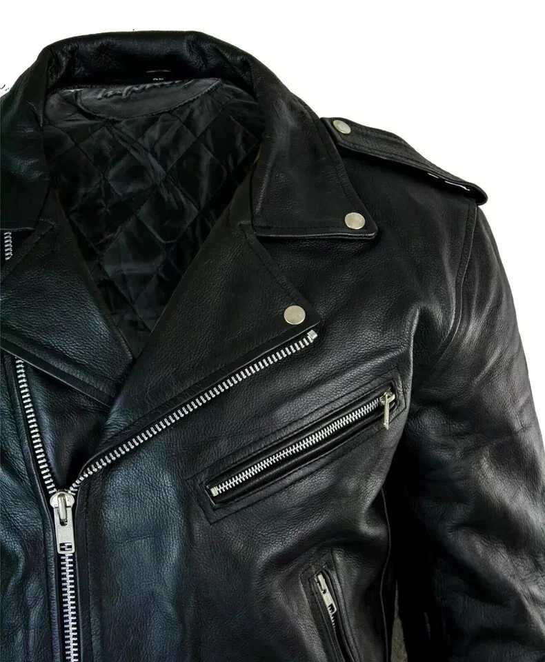 Men's Motorcycle Leather jacket Genuine cowhide Skin Brando Style Black Biker image 5
