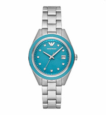 Emporio Armani Damen Armbanduhr Edelstahl silber/blau 36mm Datum 14mm