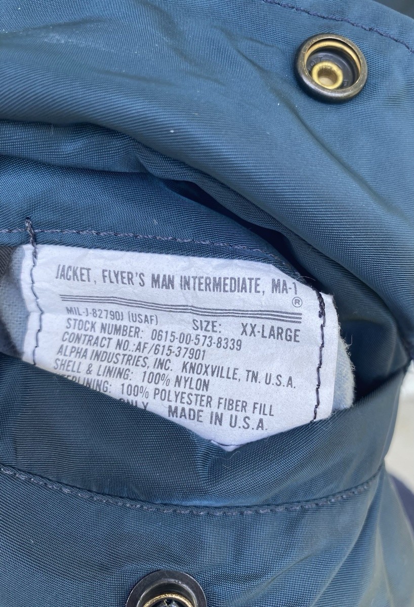 VTG Alpha Industries MA-1 Flyers Jacket Mens XXL Navy Blue Made in