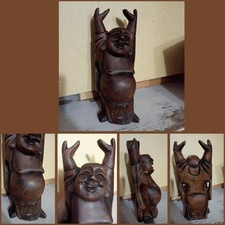 Vintage Hand Carved Wood Happy Laughing Buddha Figurine Hotei Hands Up 8'