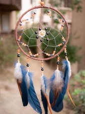 Handmade Boho Blue Dream Catcher - 20 Inch Feather Wall Hanging Decoration