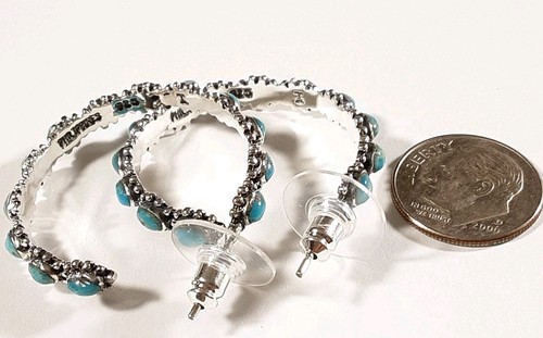 925 STERLING SILBER CREOLEN 26 STEINE TÜRKIS 1 5/16" X 3/16" OHRRINGE 6,4 g - Bild 4 von 4