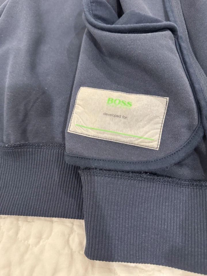 Chaqueta deportiva Boss Hugo Boss roja azul con cremallera para hombre etiqueta verde mediana hecha en Portugal Foto 4 de 4