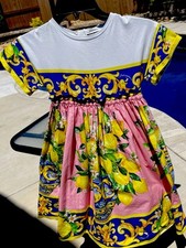 Dolce & Gabbana Girls Pink Dress W/Blue Majolica Vase And Lemons Pre-owned Sz 6