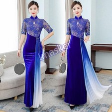 Womens Chinese Cheongsam Qipao Long Dress Slim Lace Velvet Mandarin
