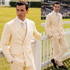 Double Breasted Jacket Men's Suits Ivory Linen 2Pcs Regular Fit Peak Lapel Coat