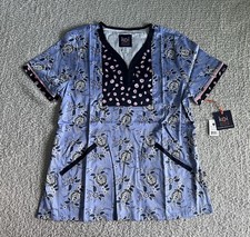 Koi Stretch Scrub Top Women  s Medium Lennon Vintage Floral Blue Nursing Medical
