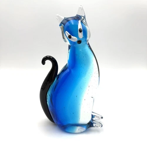 Vintage Murano Style Blue Art Glass Cat Figurine Hand Blown Studio Glass 8”