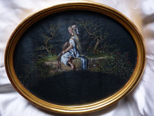 Tableau cadre médaillon peinture ancienne tissus soie musicienne orientale