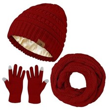 Winter Beanie Hat Scarf Gloves Set Warm Knit Fleece Touchscreen Gloves Oxblood