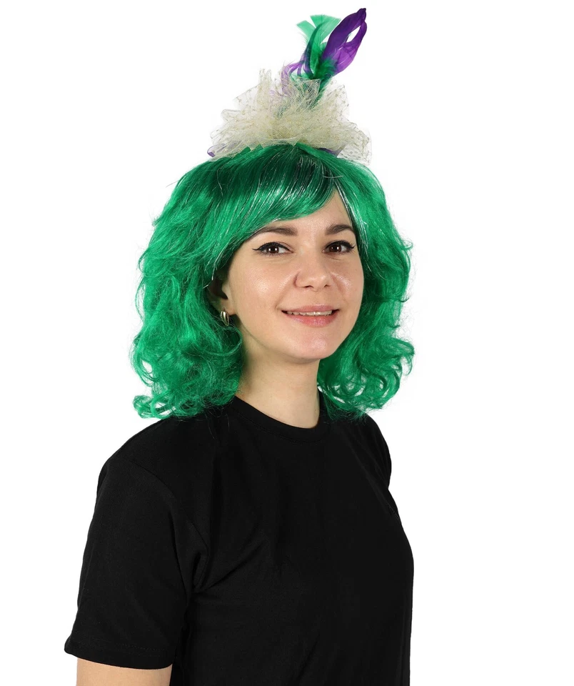 Peluca femenina HPO oropel con cordones verde Mardi Gras con bufón iluminado fascinador Foto 3 de 4