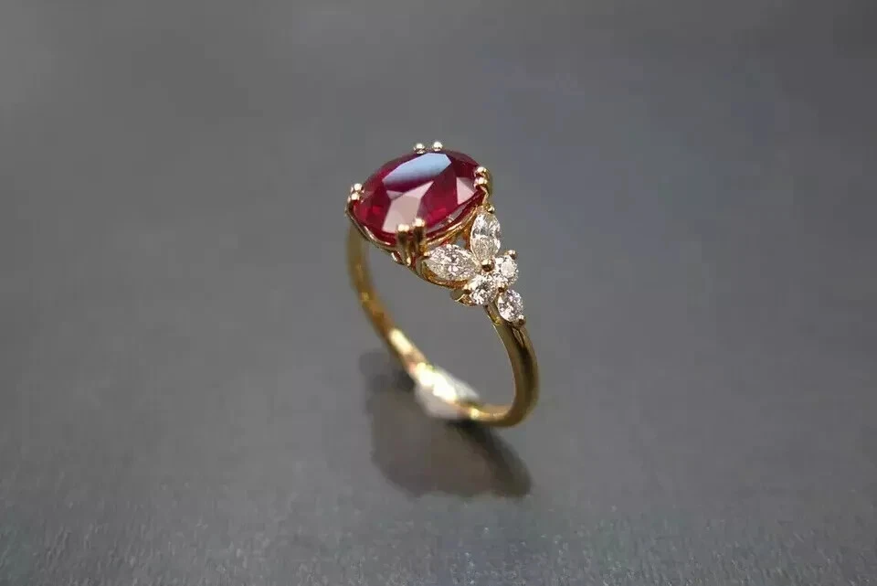 2Ct Oval Lab Created Ruby Diamond Engagement Women's Ring 14K Yellow Gold Plated - Image 4 of 4