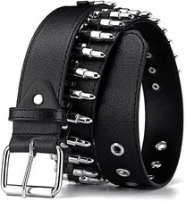 Bullet Studded Punk Rivet Belt - Black Leather Rock Belt with Silver Bullet f...