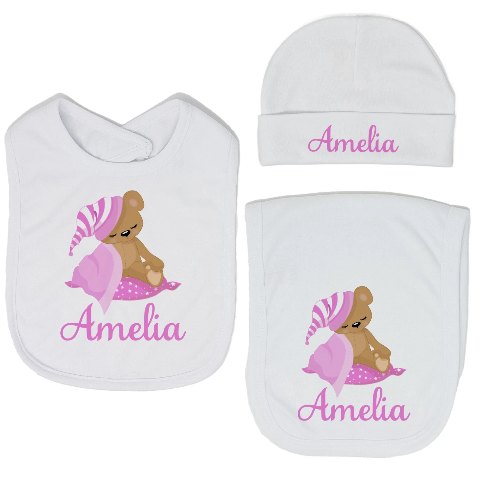 Baby Girl Personalized Custom Sleeping Bear Bib and Burp Cloth Set VS2
Opens in a new window or tab