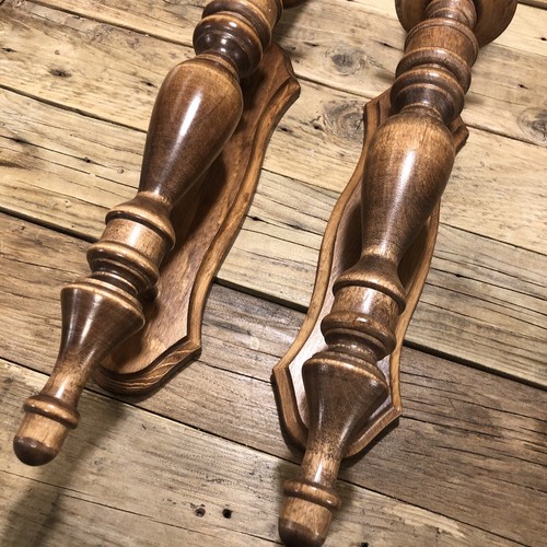 Vintage Pair Turned Wooden Wall Candle Sconces 16” Brass Insert - Picture 3 of 6