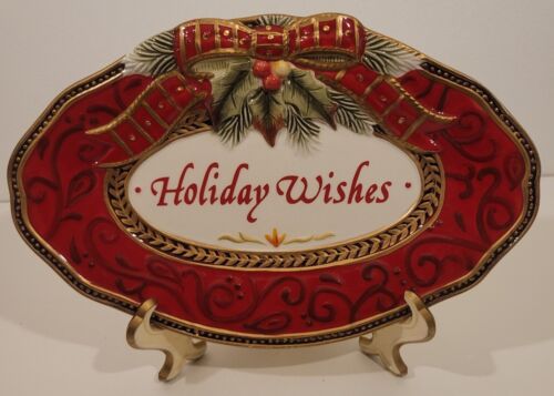 FITZ & FLOYD 'Holiday Wishes' Servizio Piatto Artigianale Cina Snack Vassoio Ovale - Foto 2 di 13