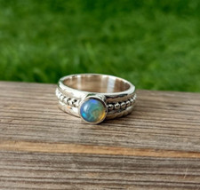 Fuoco Opale Rotondo Gemma Anello 925 Argento Sterling Fedina Impilabile Gift's
