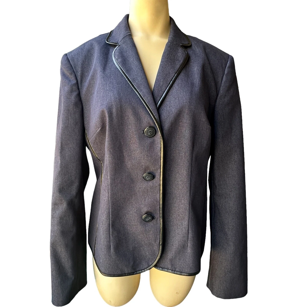 Evan Picone Jacket Denim Chambray Blue Blazer Faux Leather Trim Women's 12  VTG