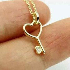 Heart-Key Pendant Necklaces 1Ct Lab Created Diamond 14K Yellow Gold Plated 18"in
