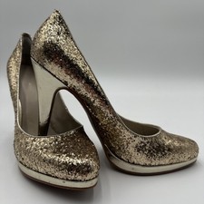 NINE WEST Platform Pumps High Heel Sparkly Sequin Party Shoes Gold Size 8