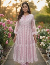 Pink Lucknowi Chikankari Anarkali Kurti for Women  Handmade Georgette Dress