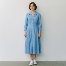 Vestido Camisa Vintage Casero M Azul Lunares Botón Cuello Ancho Midi Retro