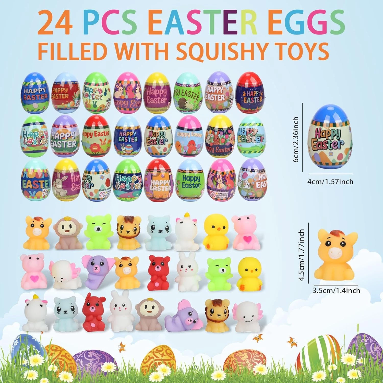 24 Pcs Prefilled Easter Eggs Animal Squishy Toy Mochi Basket Stuffer Hunt