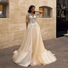 Champagne V-Neck A-Line Wedding Dresses Lace Appliques Backless Bridal Gowns