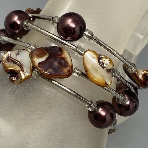 Bohemian Wrap Bracelet Brown Dyed Mother of Pearl Beads Silver Tone Tube Vtg - Picture 2 of 7