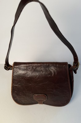 #ad Vintage Christian Brown Leather Shoulder Bag Embossed Snap at Bottom Purse $75.00