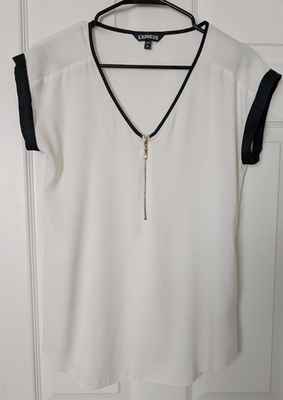 #ad EXPRESS WOMEN#x27;S WHITE BLOUSE SIZE S P ZIPPER NECK BLACK TRIM $12.00