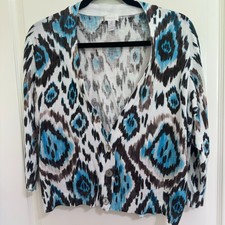 Chico's Size 2 Blue Ikat Print Cardigan Button Front Lightweight Women's L XL