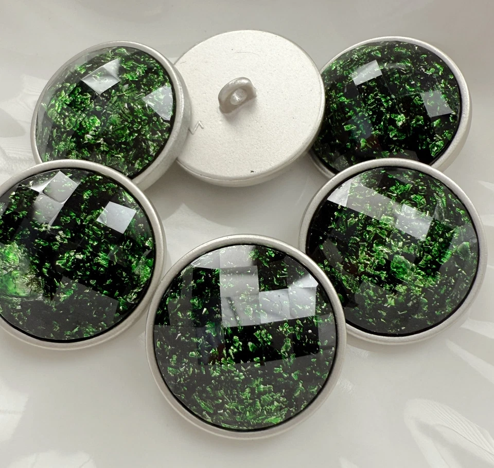 22mm Green Silver Crystal Flake Matte Silver Metal Buttons 6PC - Image 4 of 4