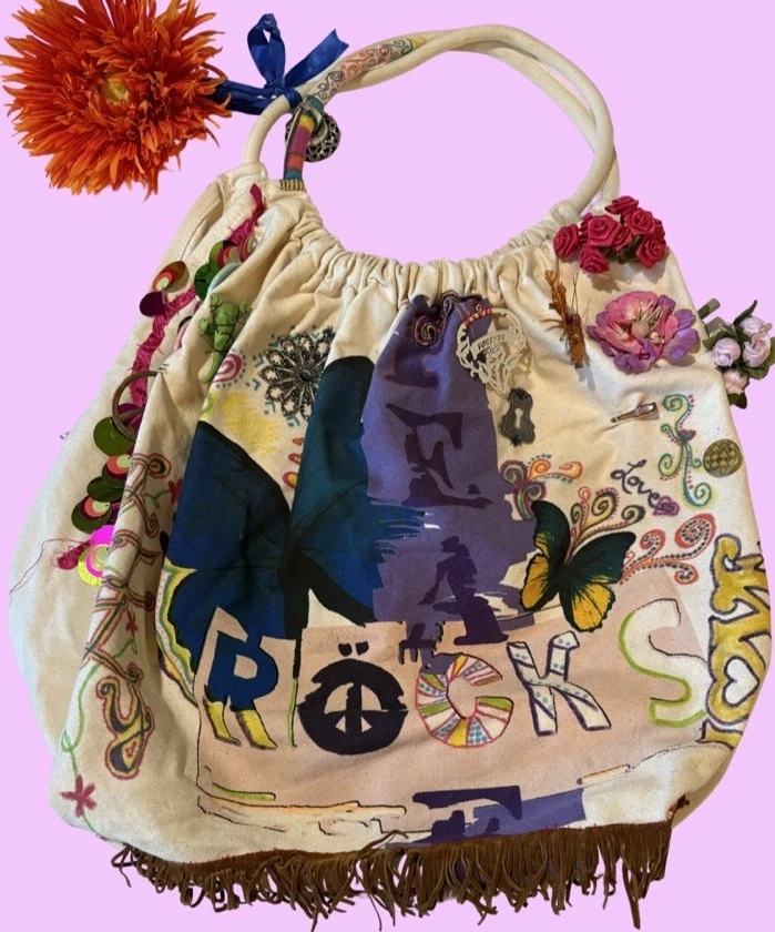 Bolso Hobo Vintage Hecho a Mano Bordado Rocas de la Paz con Flor, Alfileres y Más Foto 2 de 4