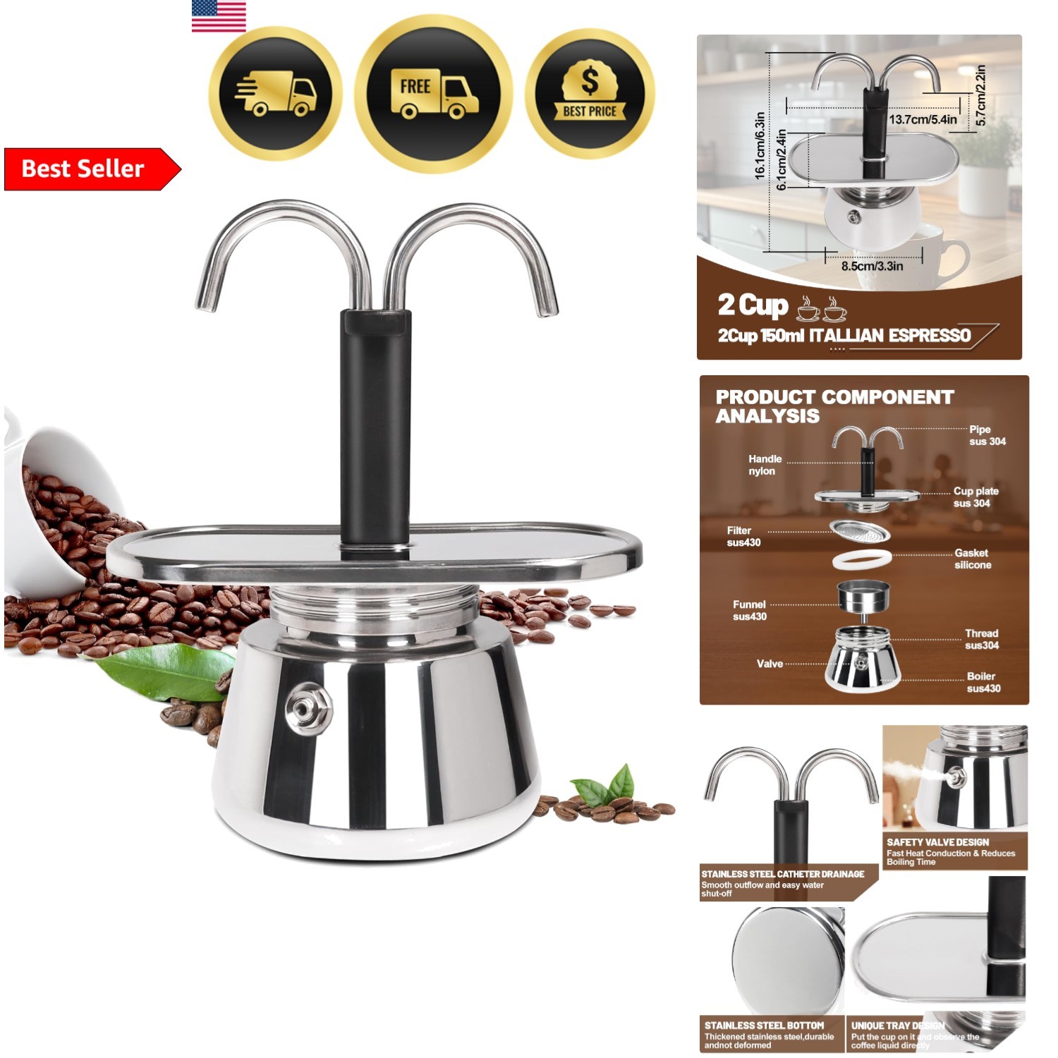 Stainless Steel Moka Pot Espresso Maker Stovetop Italian Per