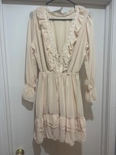 Boho Lace Ruffle Mini Dress Cream Cottagecore Festival Western Size Large