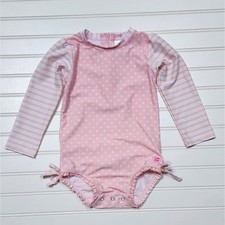 RuffleButts Pink Polka Dot Long Sleeve Rashguard Swimsuit Size 3T