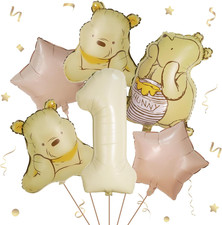 6Pcs Winnie 1St Birthday Decorations Vintage Winnie Bear 3D Foil Balloon Set f
